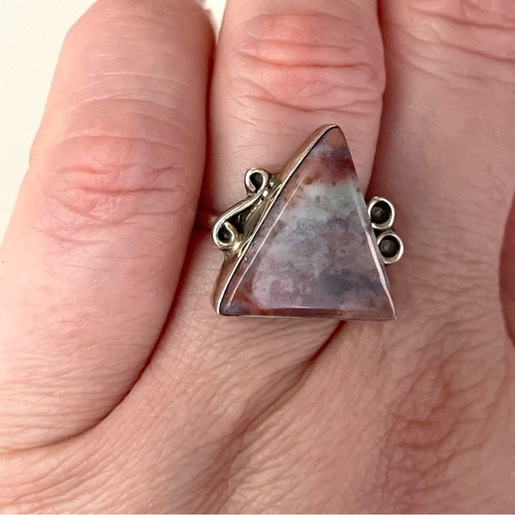 Vintage stamped sterling silver & polished stone triangle ring sz 7-7.25 - Picture 5 of 16